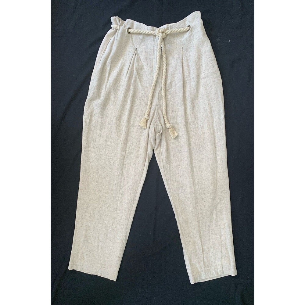 Linen Blend Pleated Pants Rope Belt Large Beige Natural Coastal Cottage Beach
